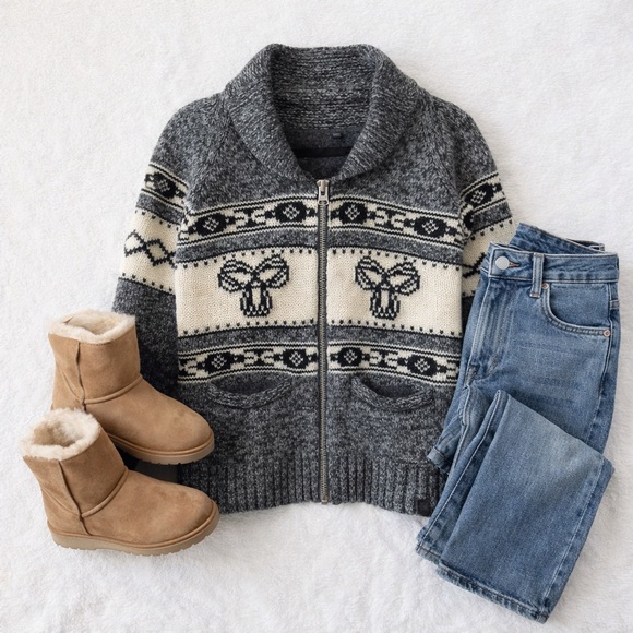 TNA Sweaters - TNA Lambswool Fair Isle Zip Cardigan Sweater Ram Motif Grey Cream Size Small